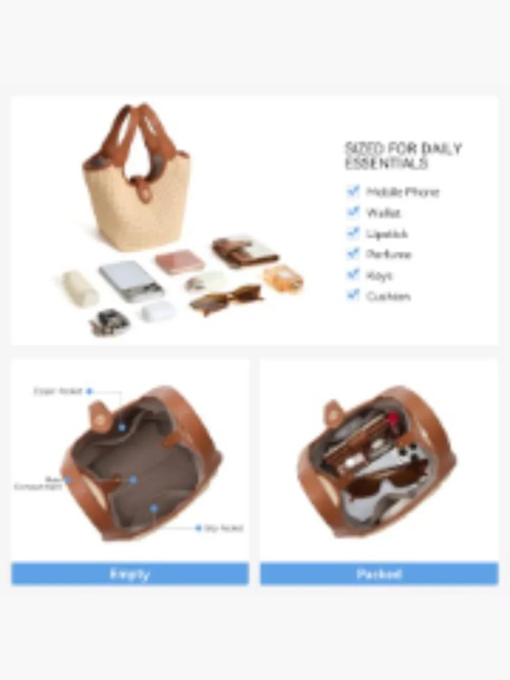 Convertible Crochet Bucket Bag Faux Leather Crossbody Adjustable Strap